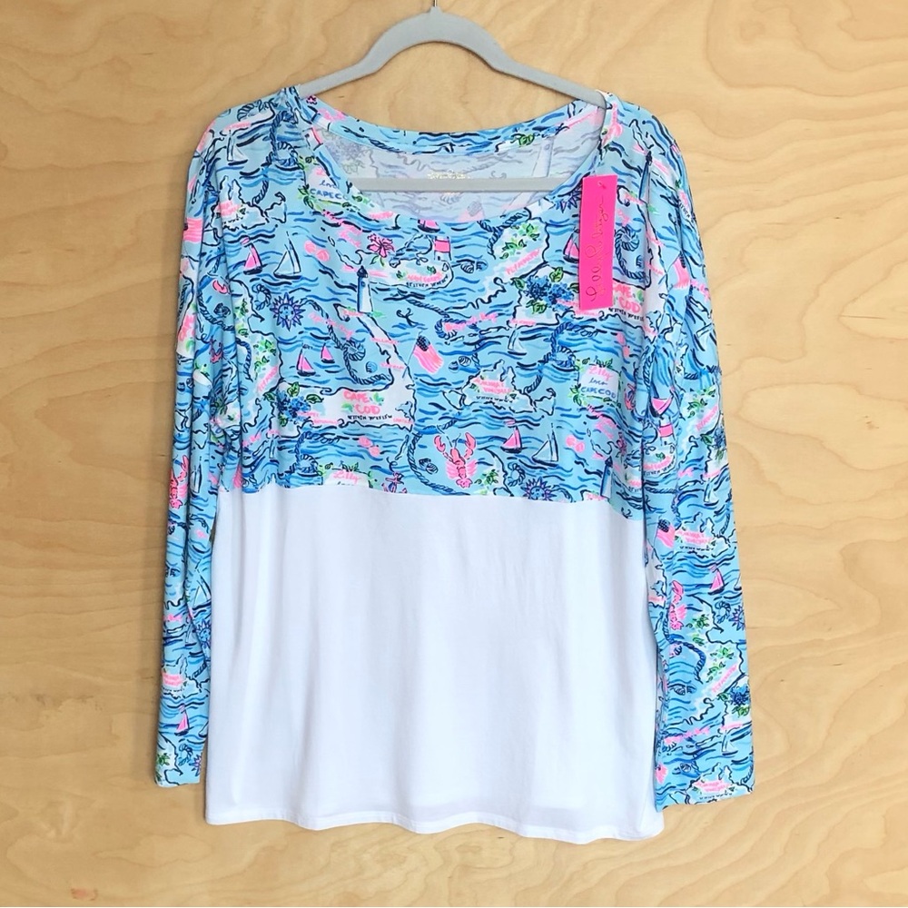 Lilly Pulitzer Bali Blue Finn Long Sleeve Top White Multicolor Womens Size XL.